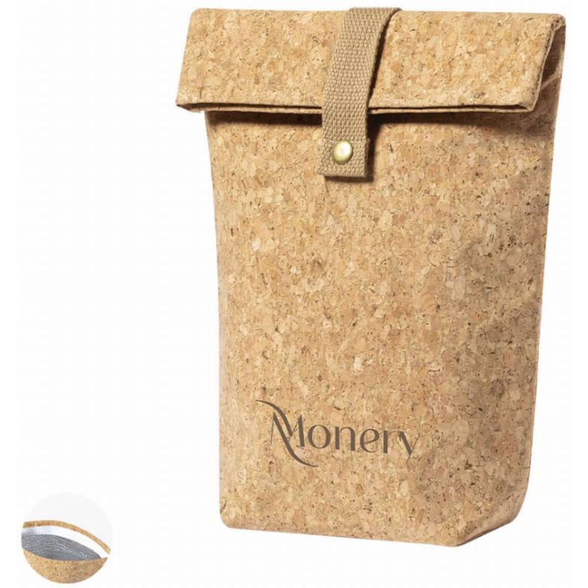 A drink bottle holder made from cork, featuring a fold-over design and a branding logo.