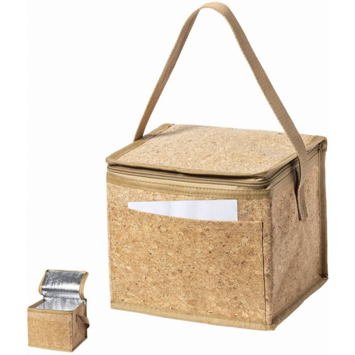 A cooler bag featuring a natural cork exterior with a contrasting strap and an insulated interior. It has a front pocket.