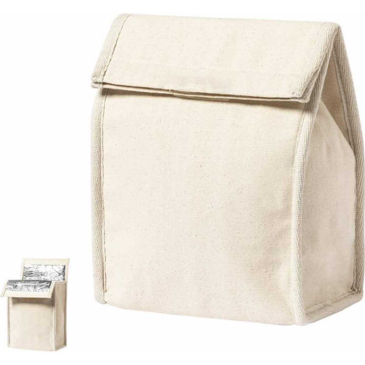 A beige insulated lunch bag with a fold-over flap, featuring a smaller lined compartment on the side.