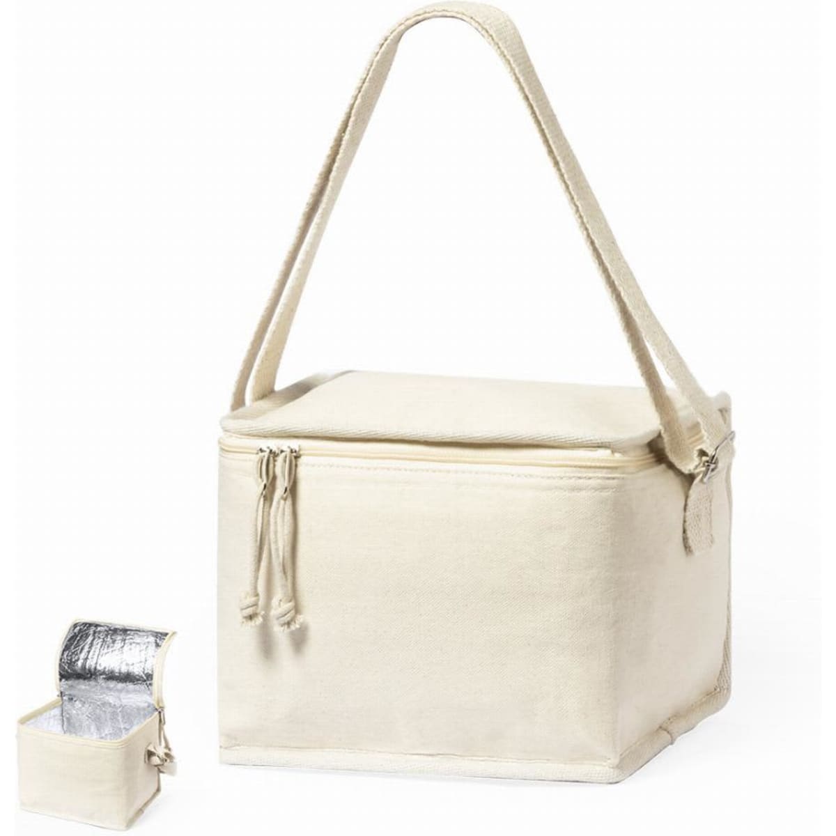 A cream insulated lunch bag with a detachable silver thermal container and a long strap. It includes a zip closure.