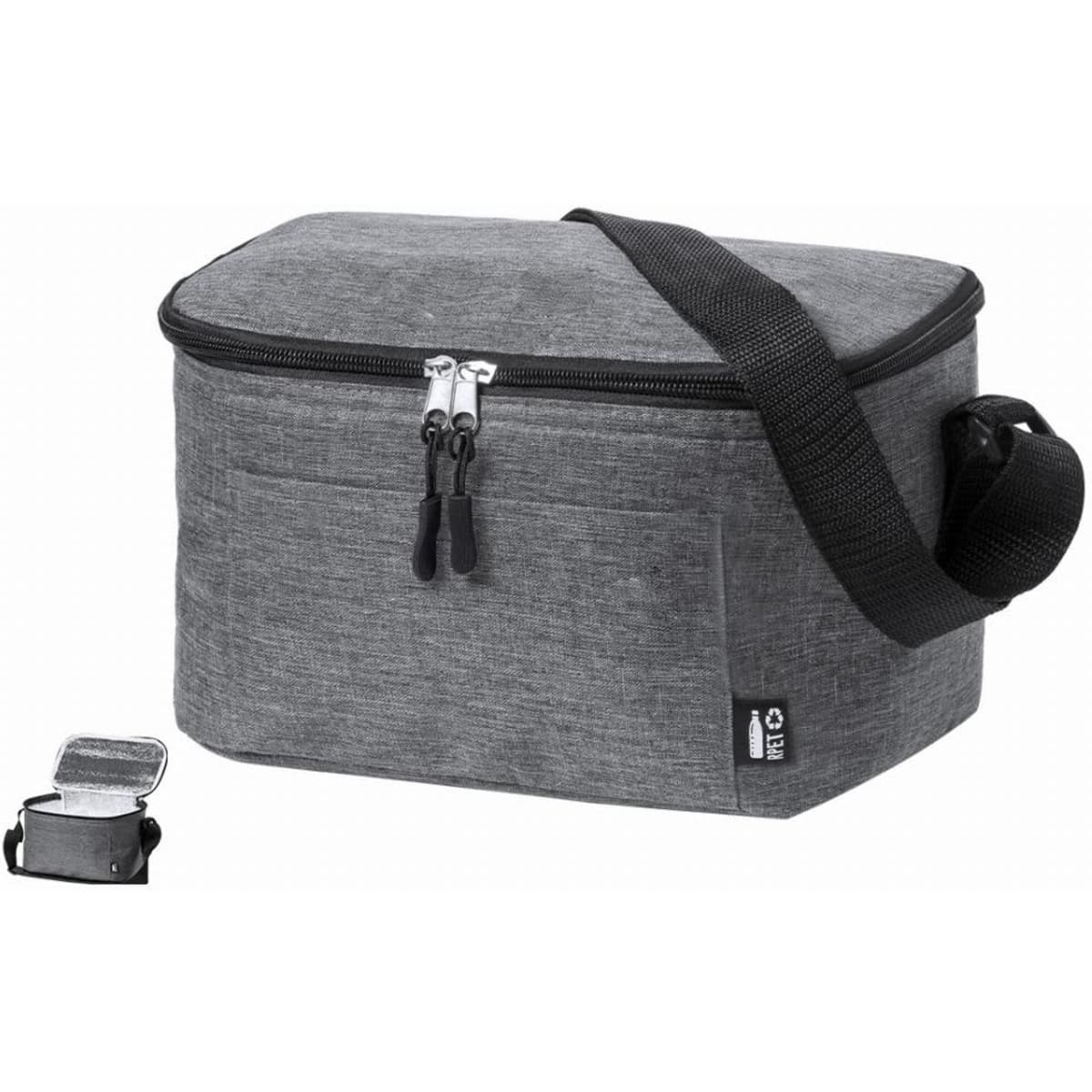 A grey insulated bag with a zip closure and a removable shoulder strap. Features an external pocket.