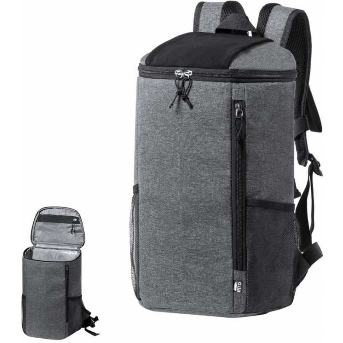 A grey insulated backpack with a top compartment and front zip pocket, featuring adjustable straps.