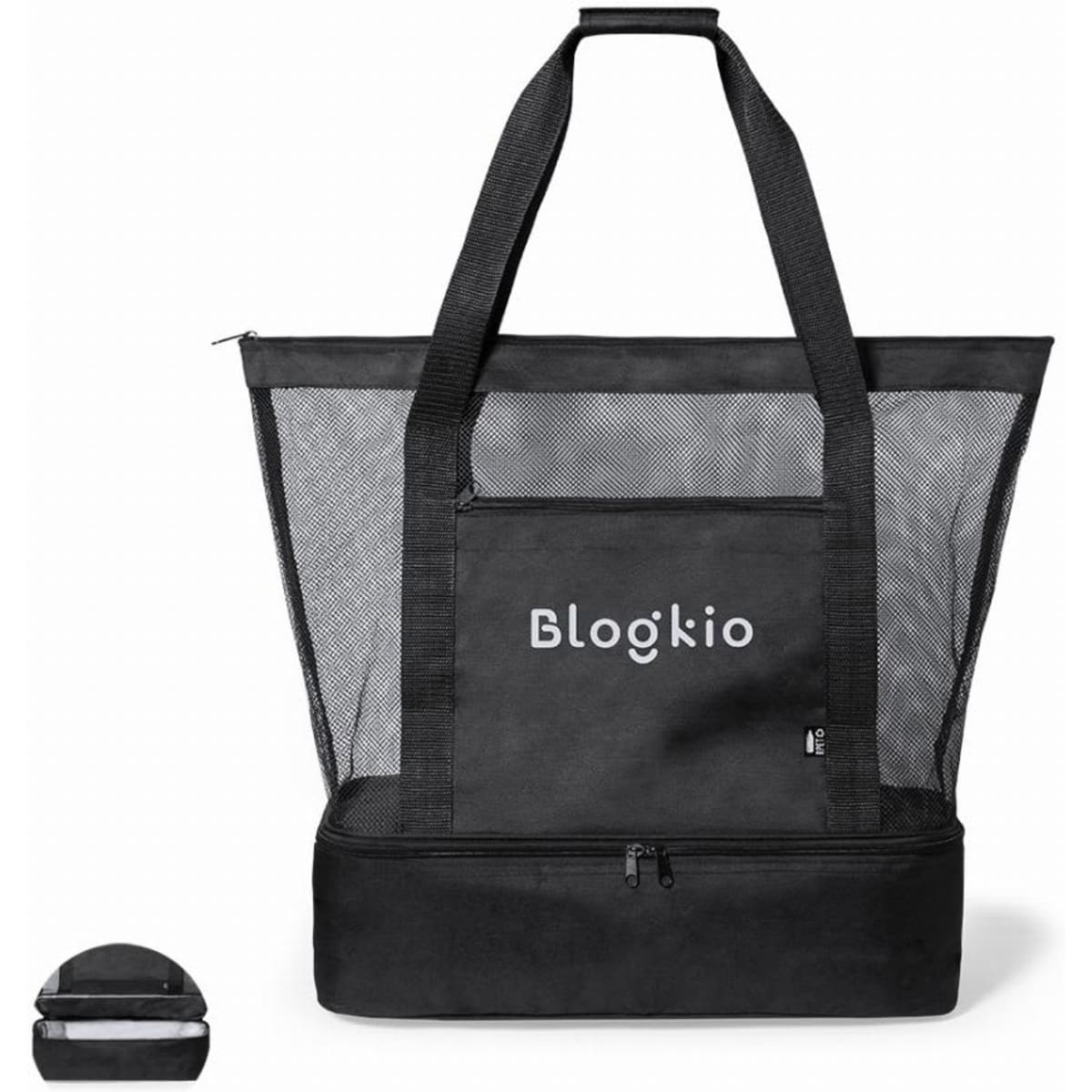 A tote bag with a black fabric base and mesh sides, featuring a logo on the front and dual handles.