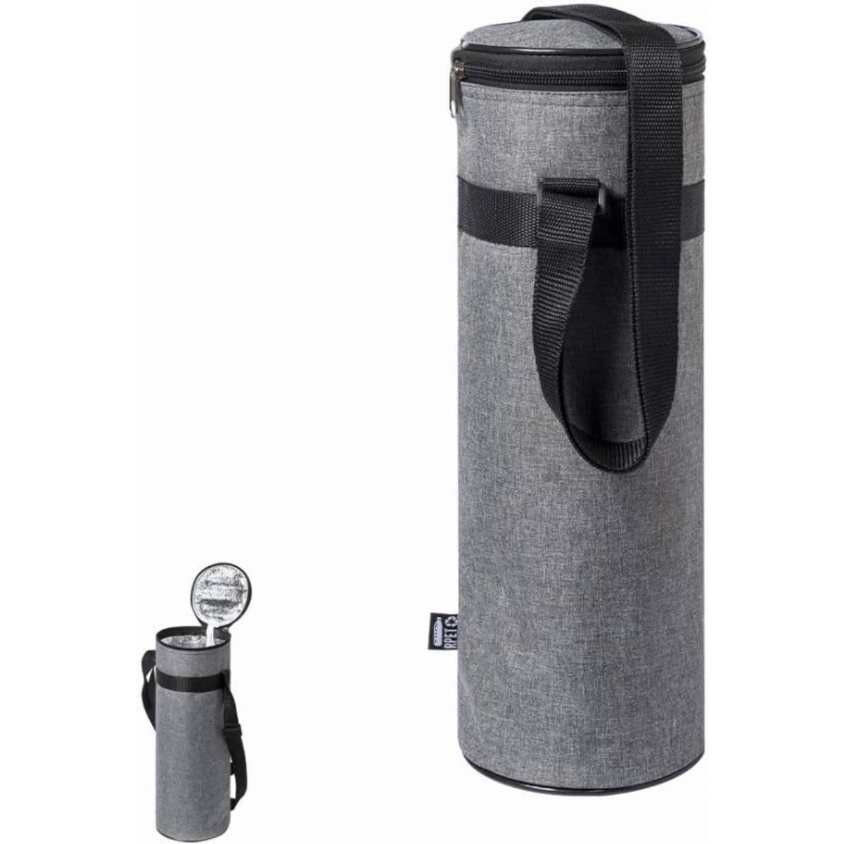 A drink bottle carrier in grey fabric with a black strap, featuring a zip closure and a round shape.