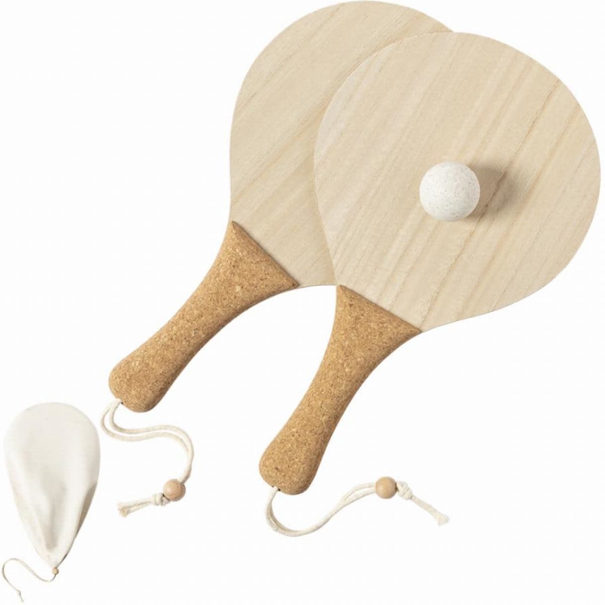 Two wooden paddle ball sets with cork handles and a white ball, accompanied by a white cloth bag.