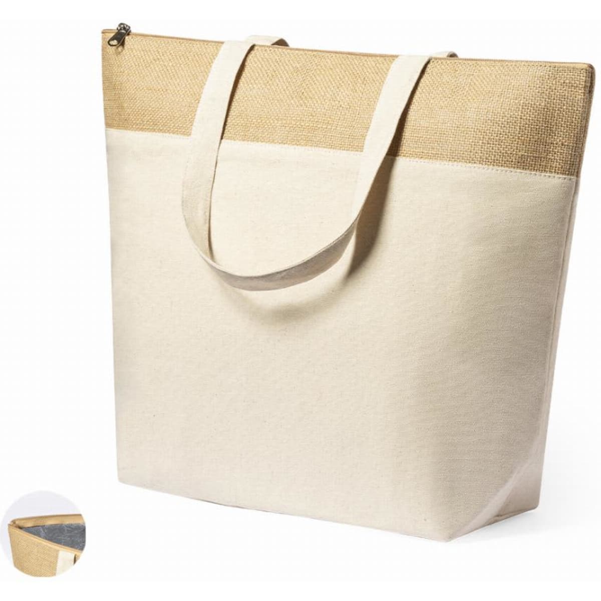 A tote bag featuring a natural beige canvas body with a jute top. It has sturdy handles for easy carrying.