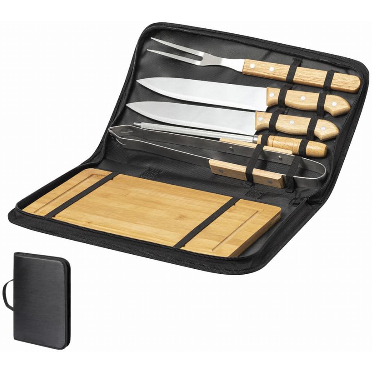 A portable barbecuing set featuring stainless steel utensils and a bamboo cutting board, all enclosed in a black case.