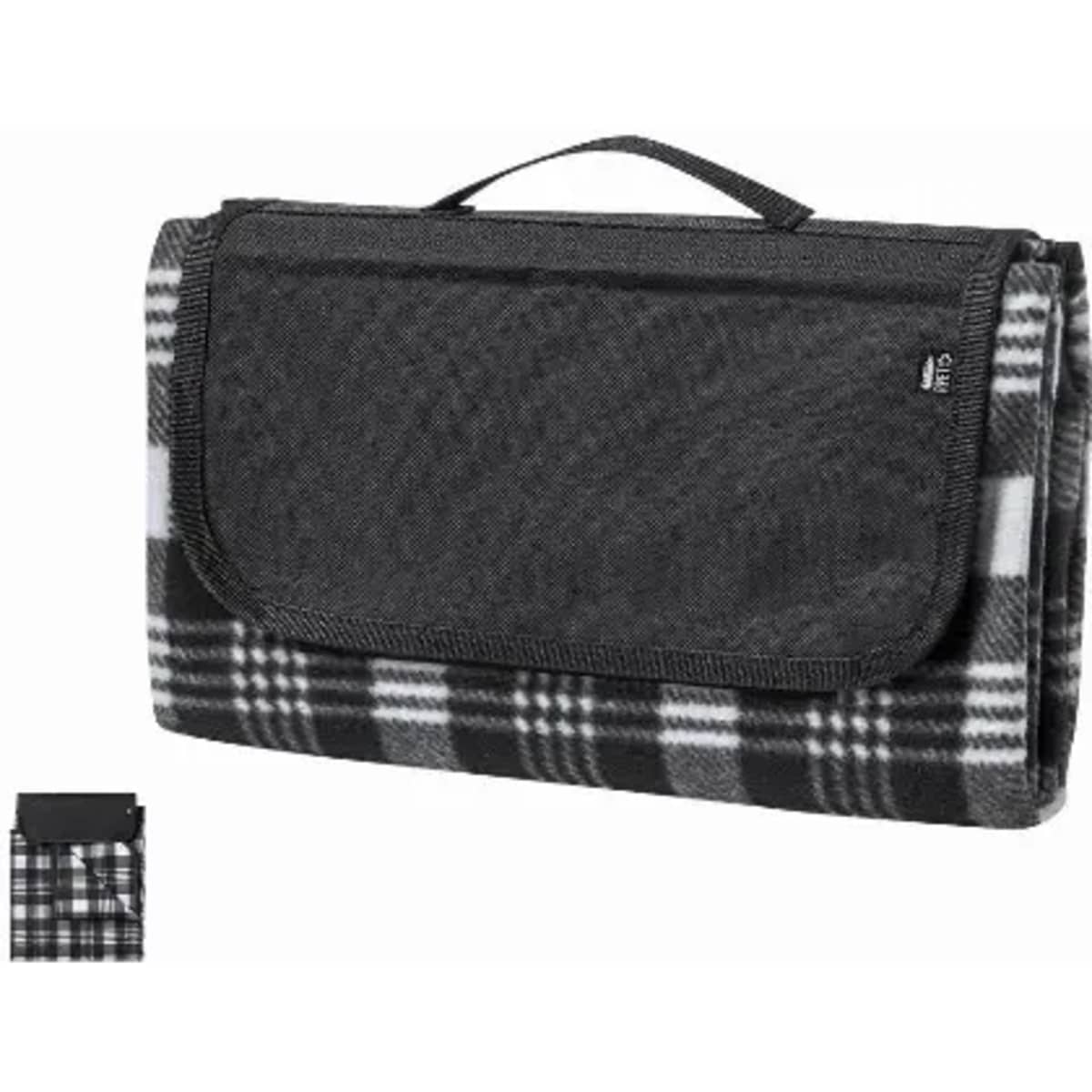 A picnic blanket featuring a black and white plaid design, with a carry handle and a foldable structure.
