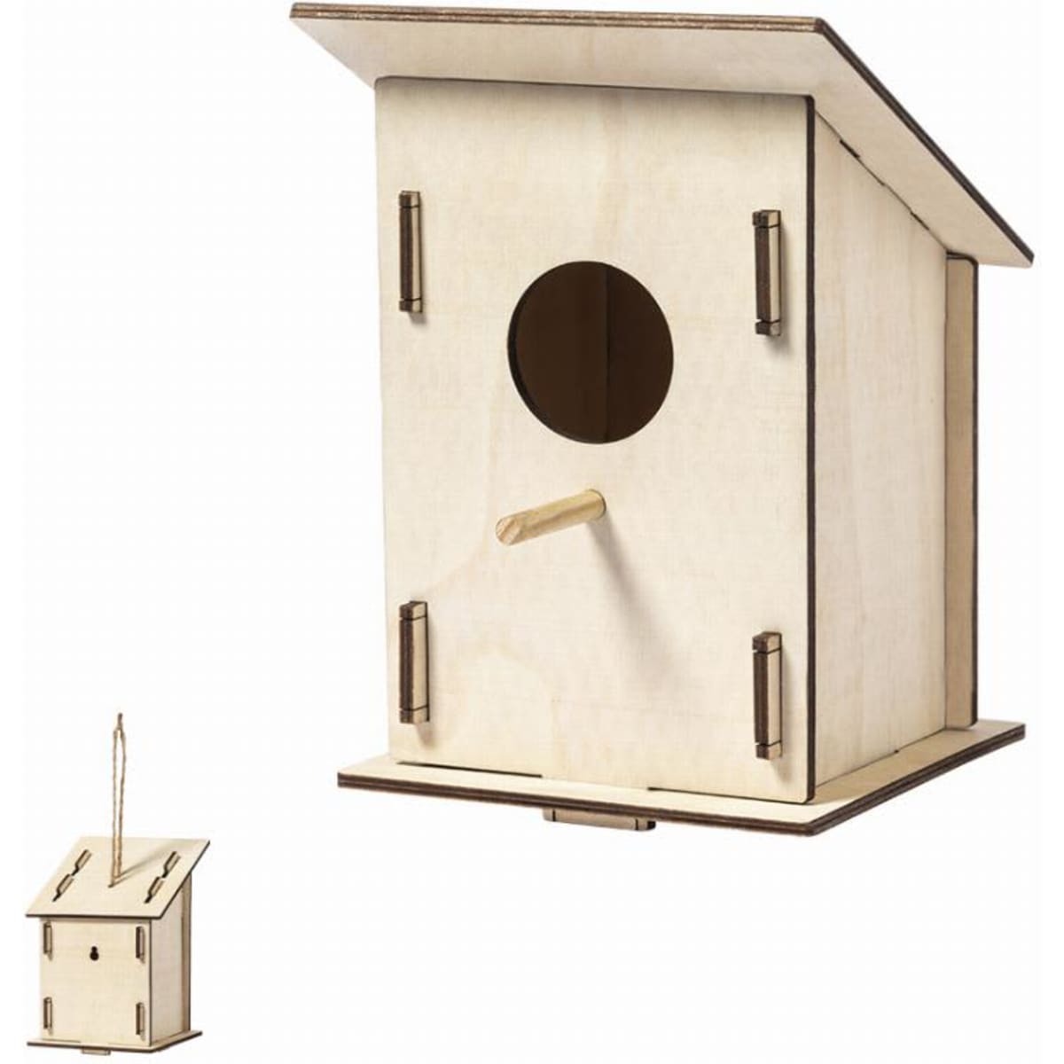A wooden birdhouse in natural colour with a round entrance and removable base, featuring hanging hardware.