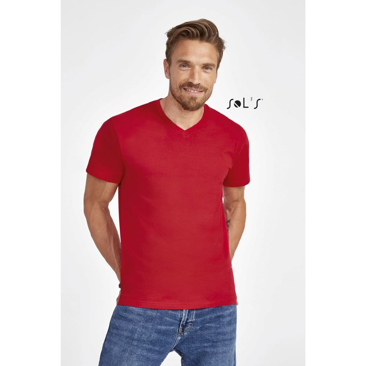 A red men's V-neck T-shirt made from 100% semi combed ring spun cotton, featuring a logo.