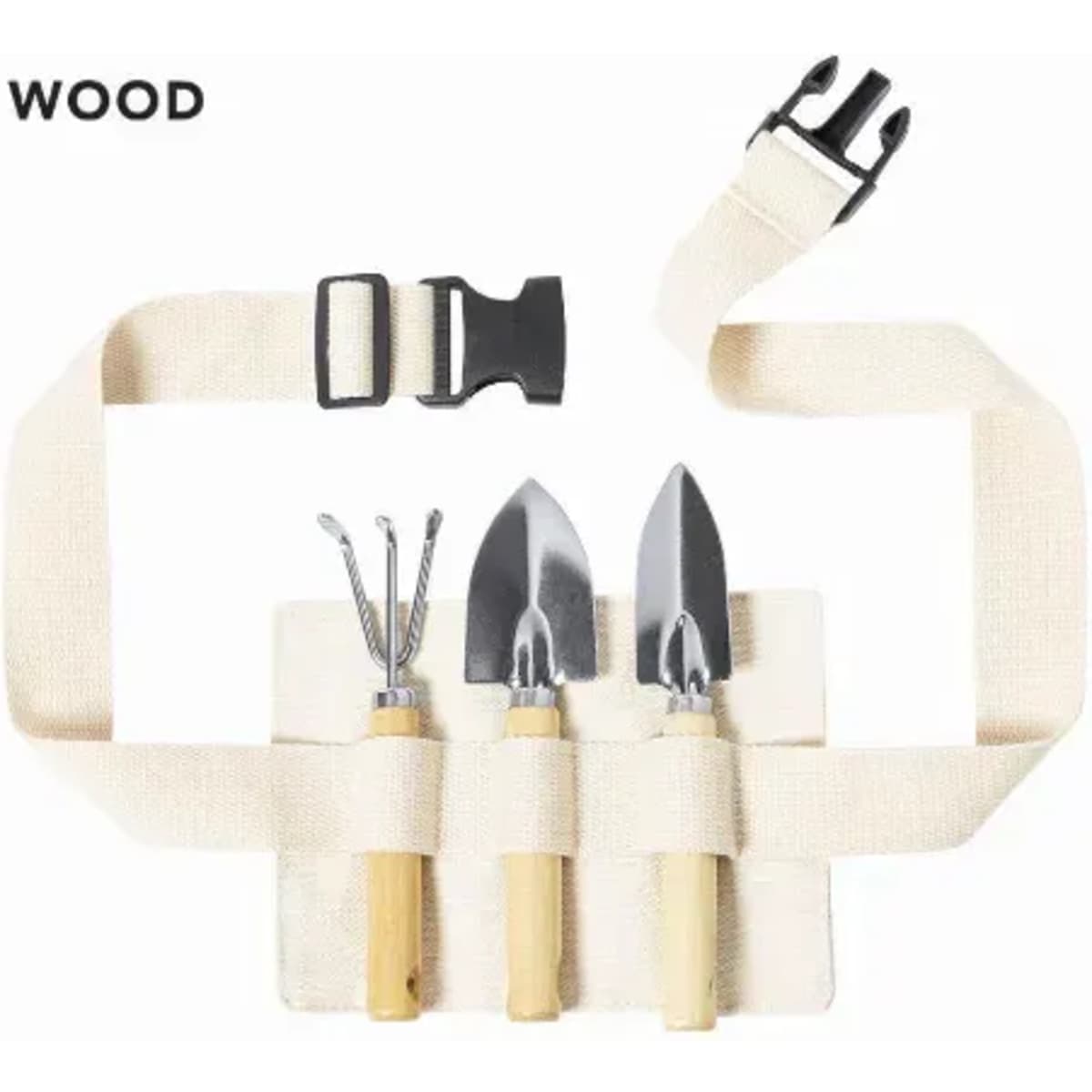 A gardening tool set featuring three metal tools with wooden handles, attached to a fabric belt.