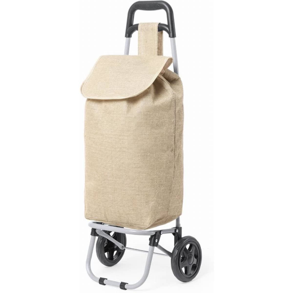 A shopping trolley with a beige fabric bag and a silver metal frame, featuring two black wheels.