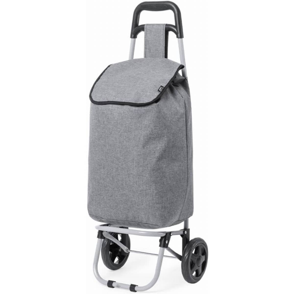 A shopping trolley bag in grey fabric with a fold-over flap and a metal frame with wheels.