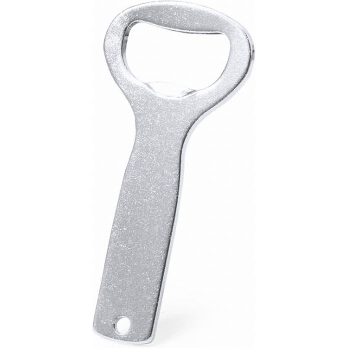 A bottle opener with a shiny silver finish and a classic design, featuring a rounded top for easy grip.