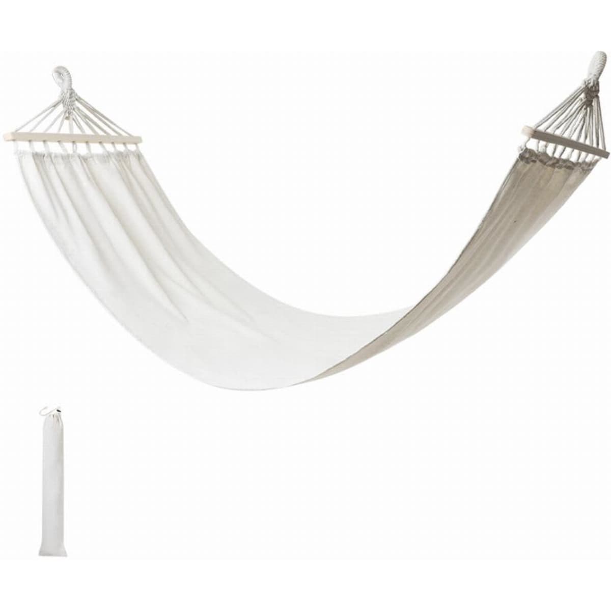 A hammock in white with wooden supports, featuring a carrying bag for easy transport.