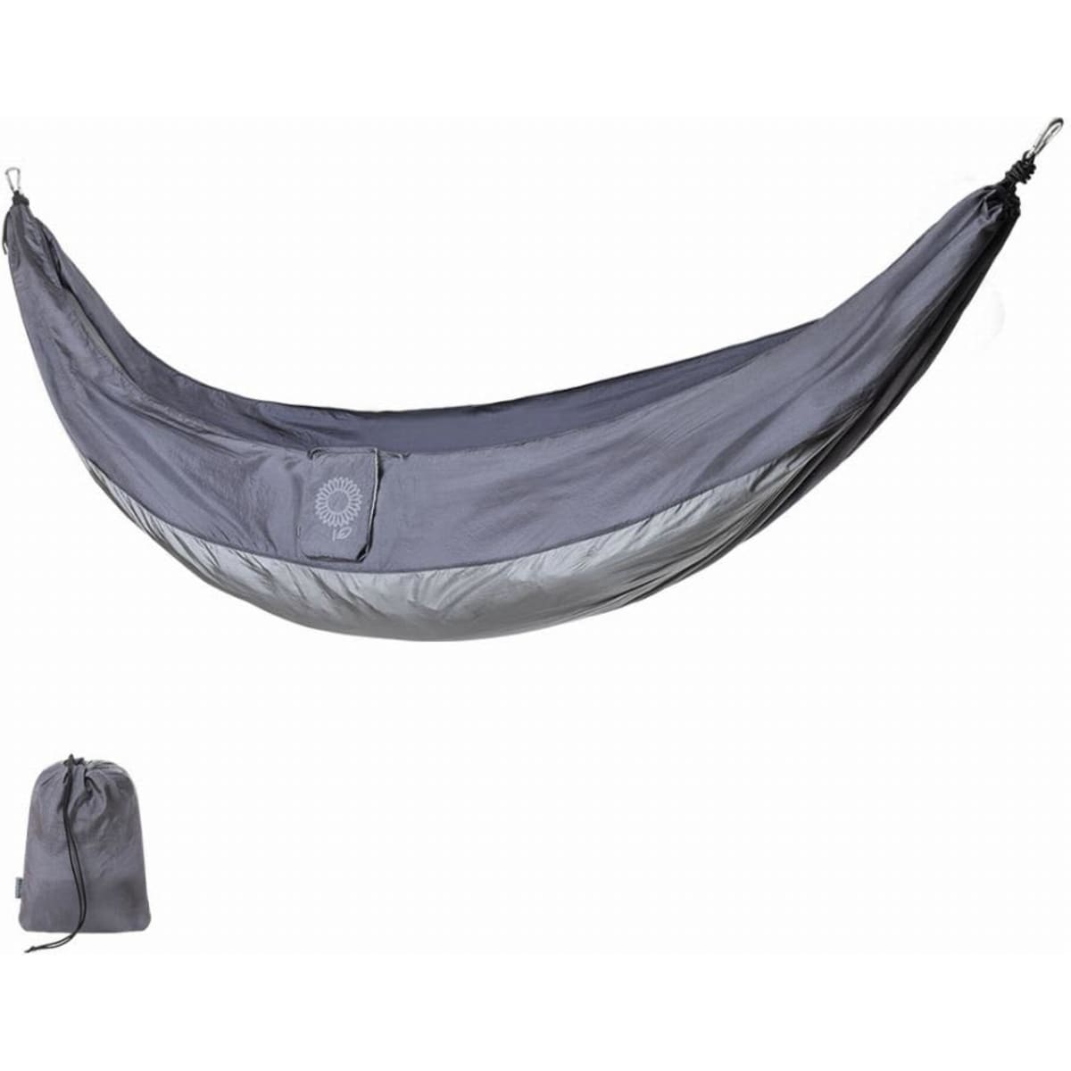 A grey camping hammock is displayed, along with a matching storage pouch. The hammock features a logo.