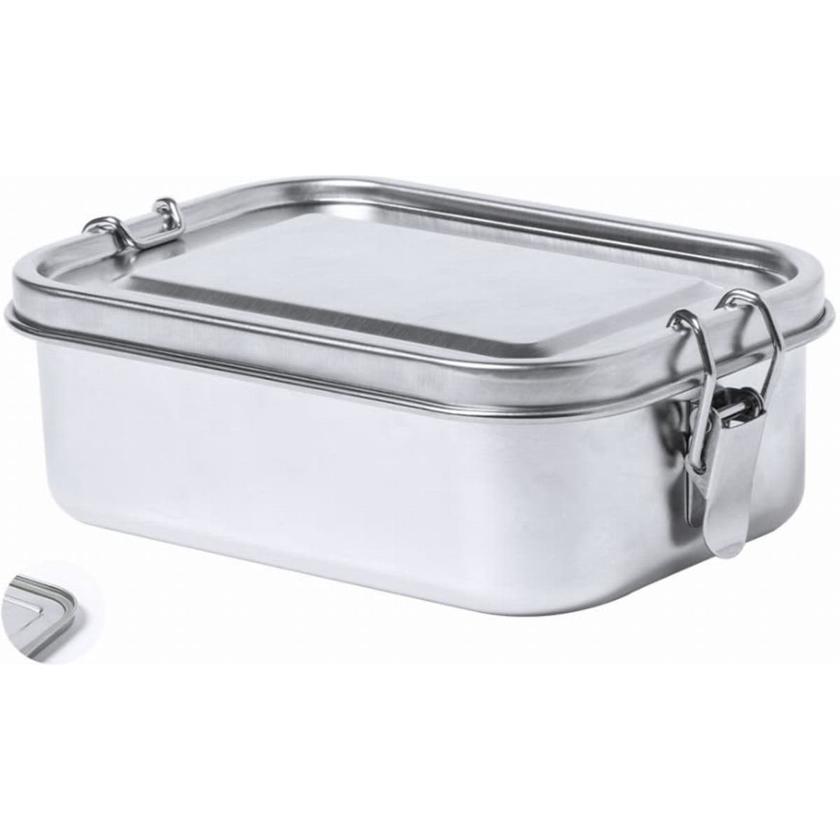 A rectangular stainless steel container with a locking lid and metal clip. It has a shiny silver finish.