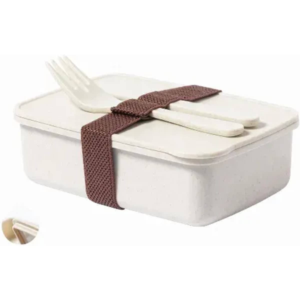 A lunch box in cream with a brown strap, featuring a fork and spoon on top.