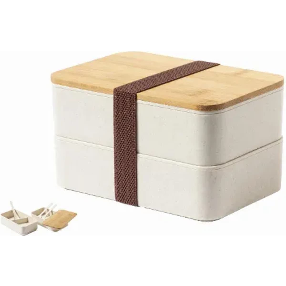 A lunch box with a bamboo lid and two compartments, featuring a brown strap and small utensils on the side.
