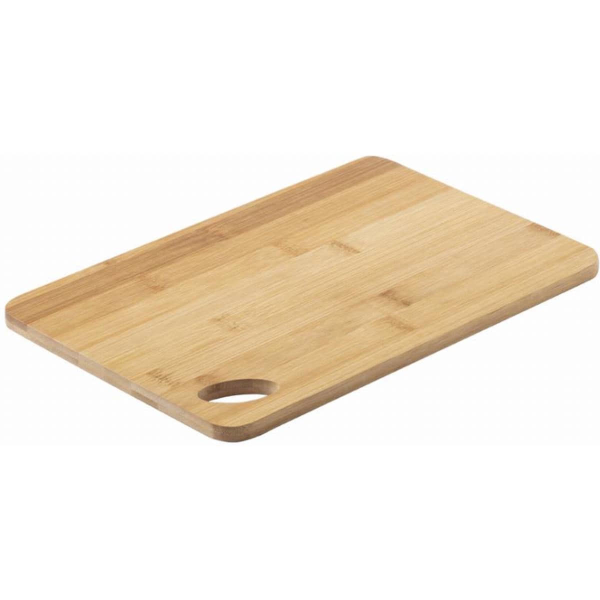 A bamboo cutting board with a smooth surface and a round handle cut-out in one corner.