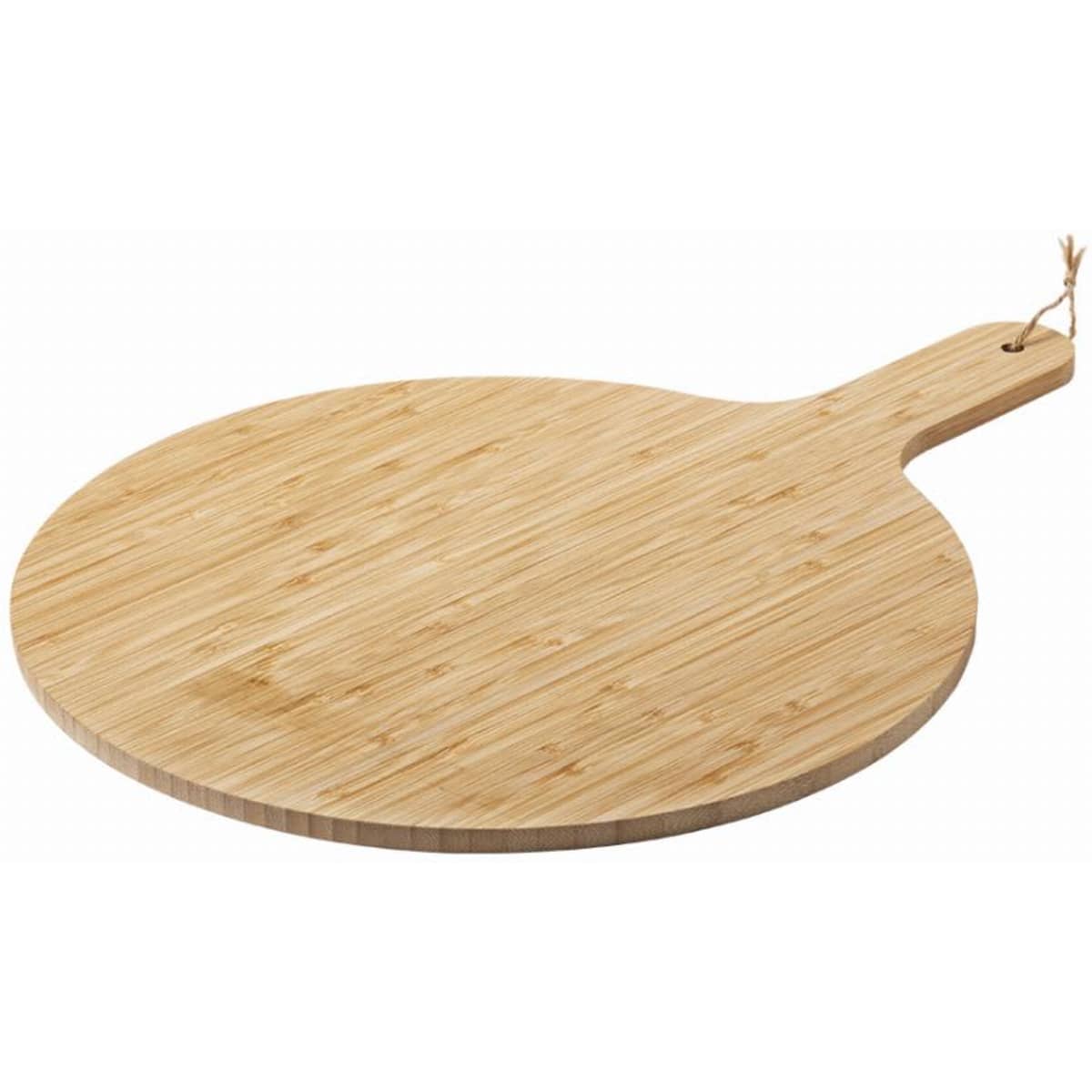 A round bamboo cutting board with a handle, featuring a smooth, natural wood finish.