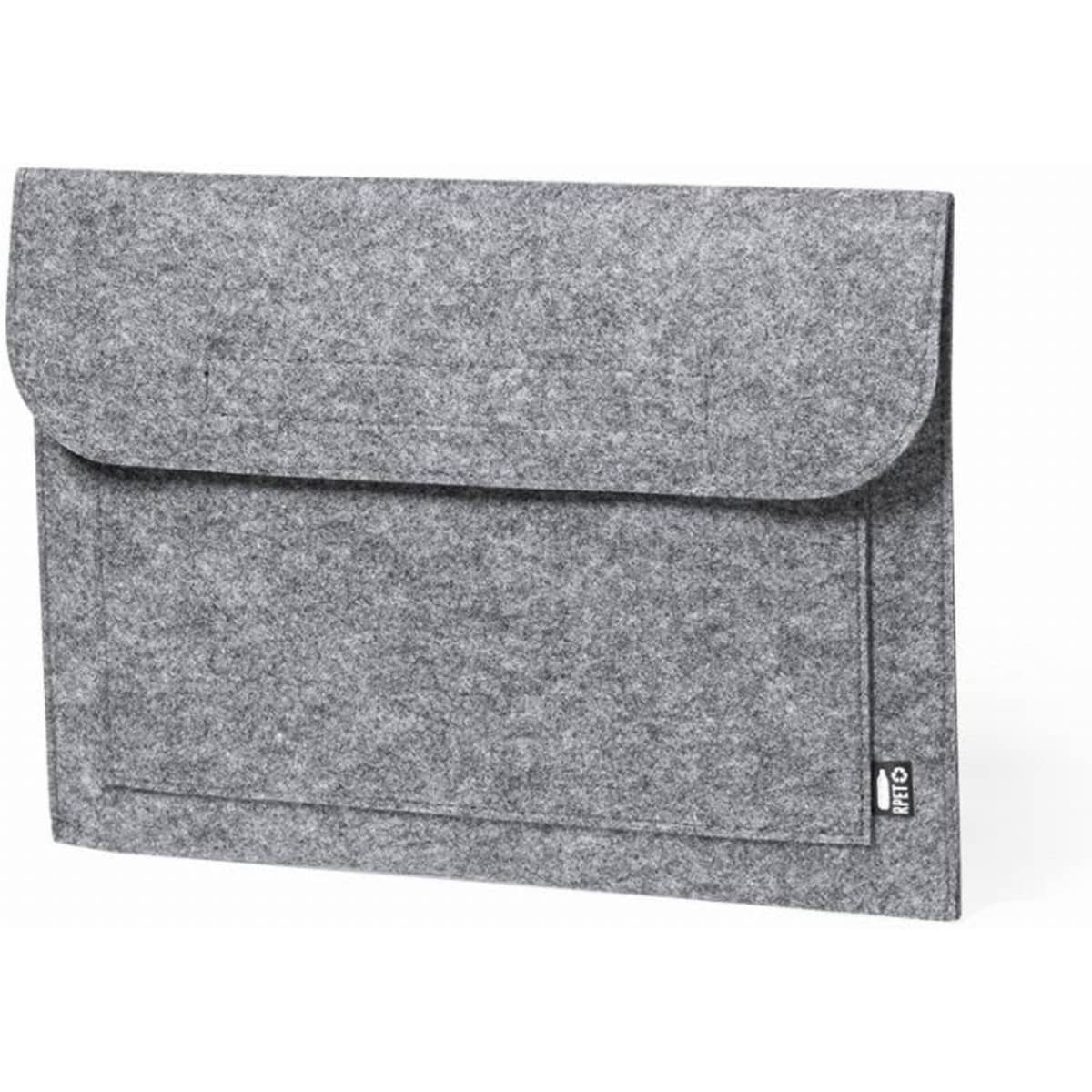 A grey felt laptop sleeve with a flap and a front pocket, featuring a small logo on the side.