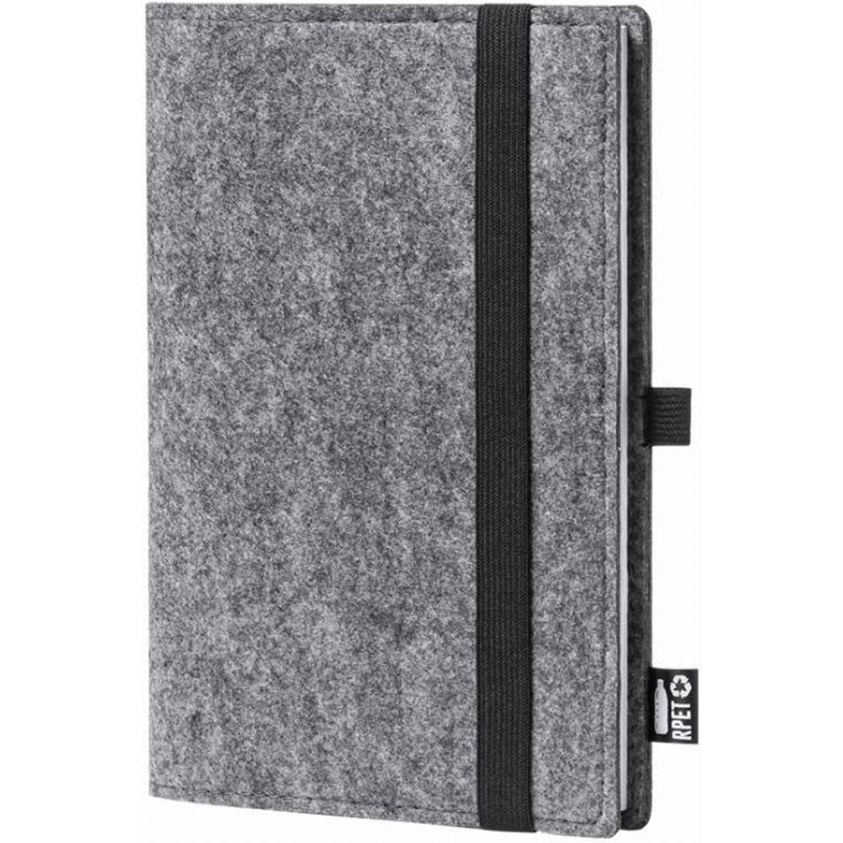 A grey felt notebook with a black elastic band and a logo on the side. It has a simple, minimalist design.