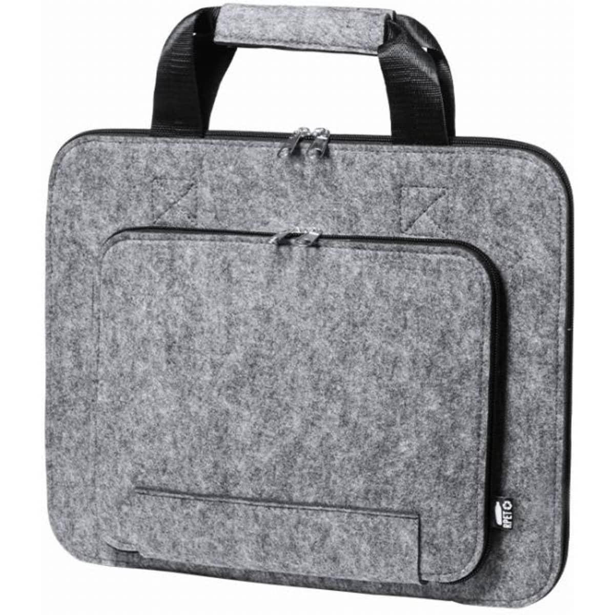 A grey felt laptop bag with two zippered compartments and a sturdy handle. It features a logo on the front.