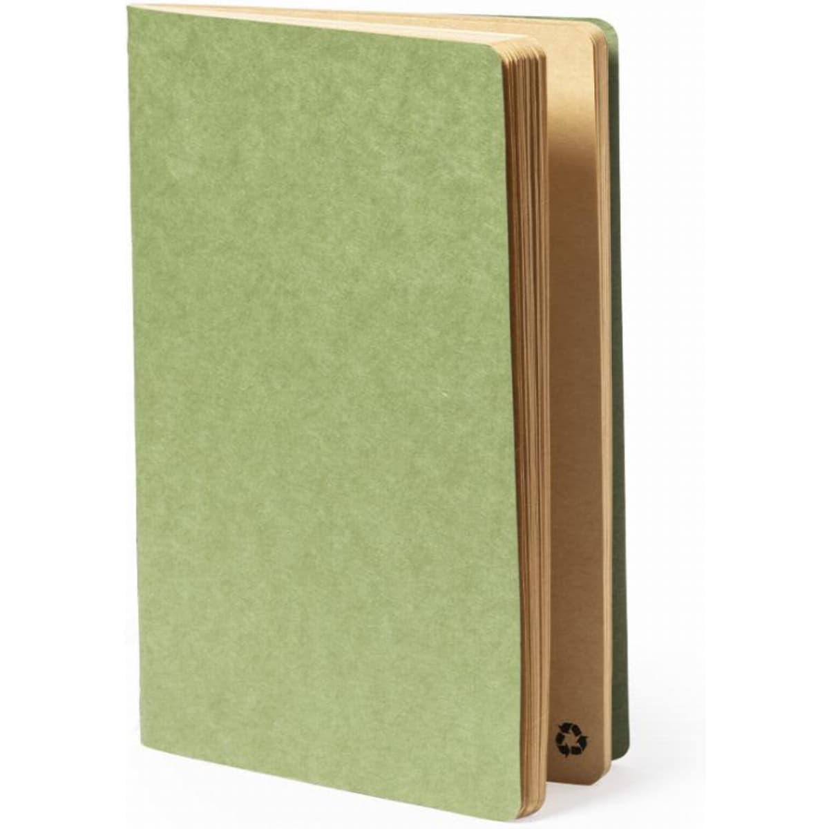 A notebook with a light green cover and brown pages, featuring a logo on the back.
