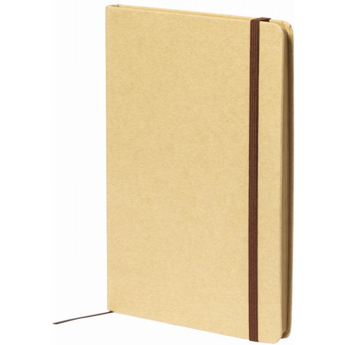 A brown notebook with a flexible cover, secured by an elastic band, featuring a ribbon bookmark.
