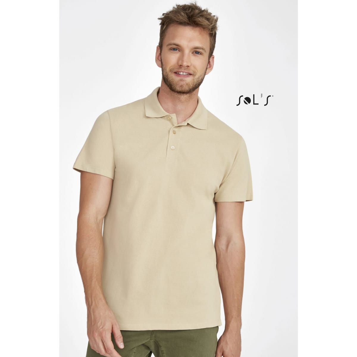 A men's polo shirt in a light beige colour made from 100% combed ring-spun cotton, featuring a collar and branding.