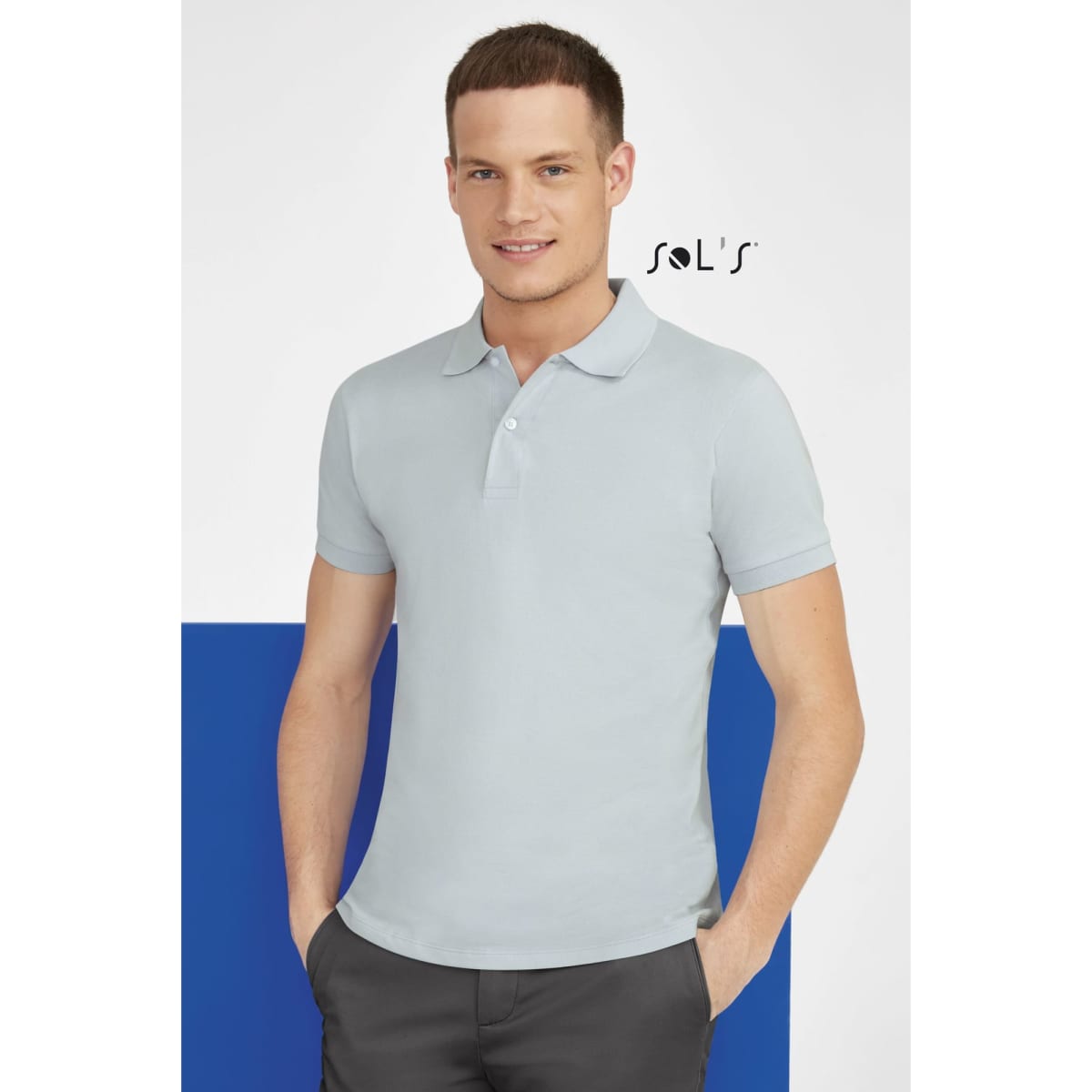 A short sleeve men's polo shirt in light blue, made from 100% cotton pique, featuring a logo.