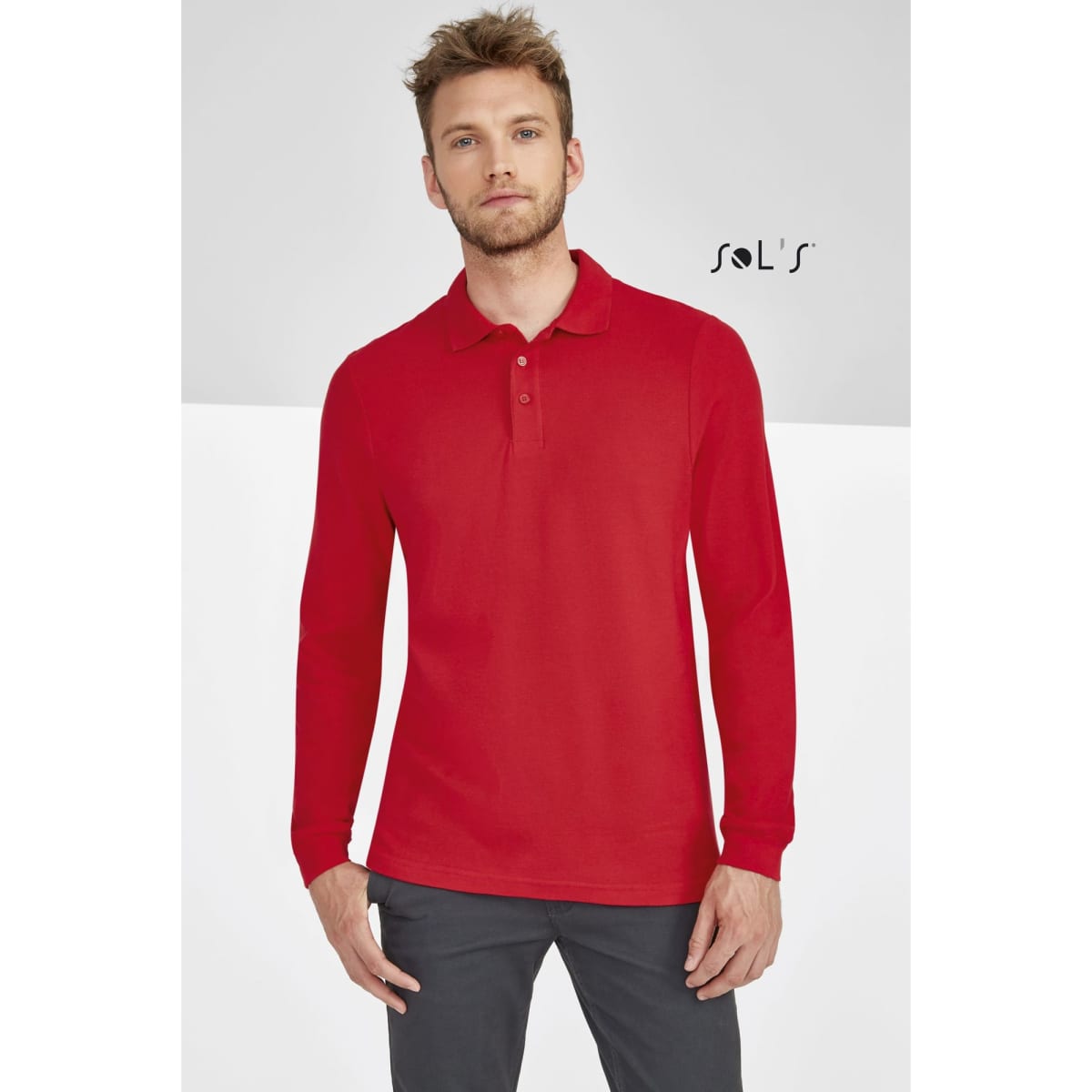 A long sleeve men's polo shirt in vibrant red, made of 100% combed ring spun cotton, featuring a logo.