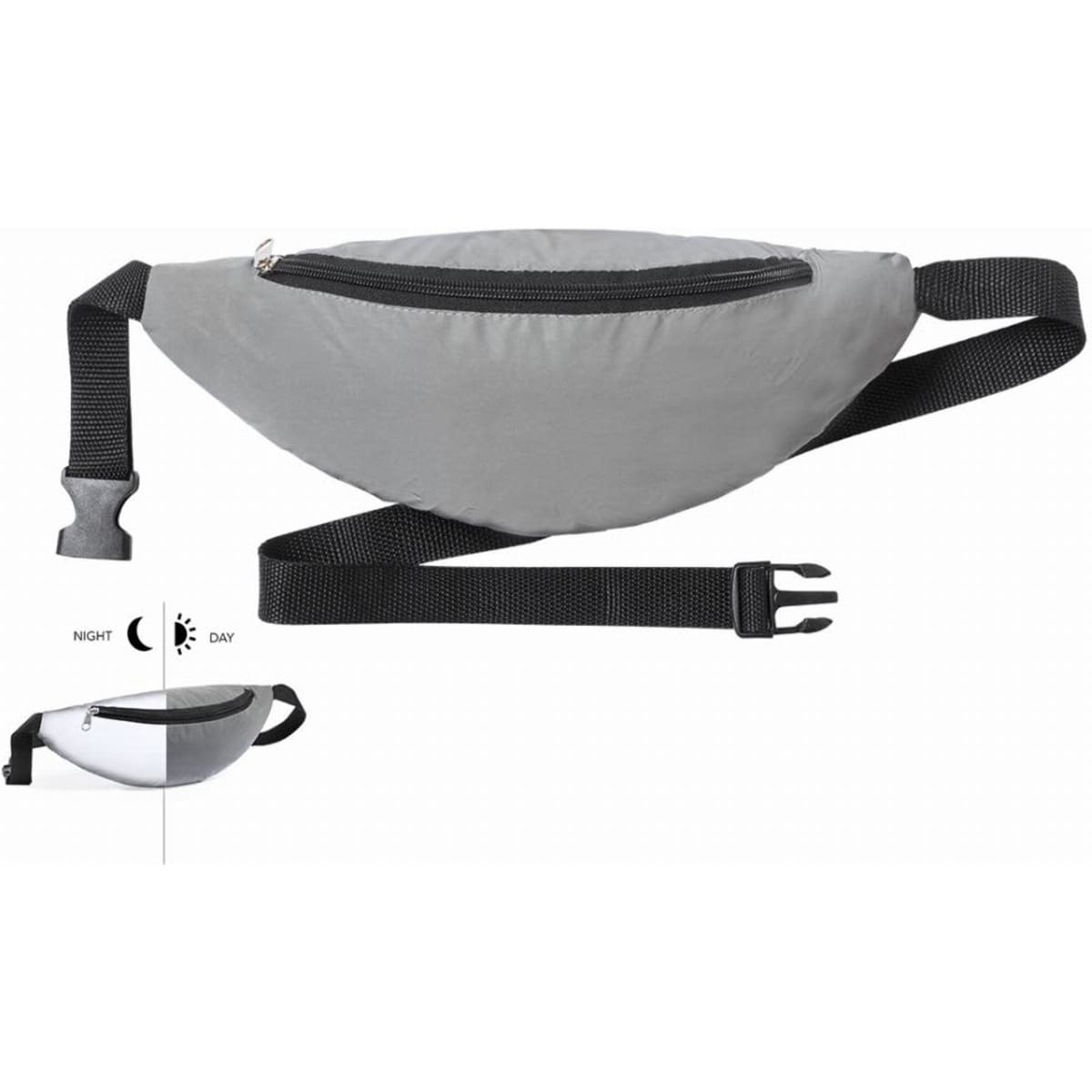 A grey waist bag featuring a zippered compartment and an adjustable strap for secure fitting.