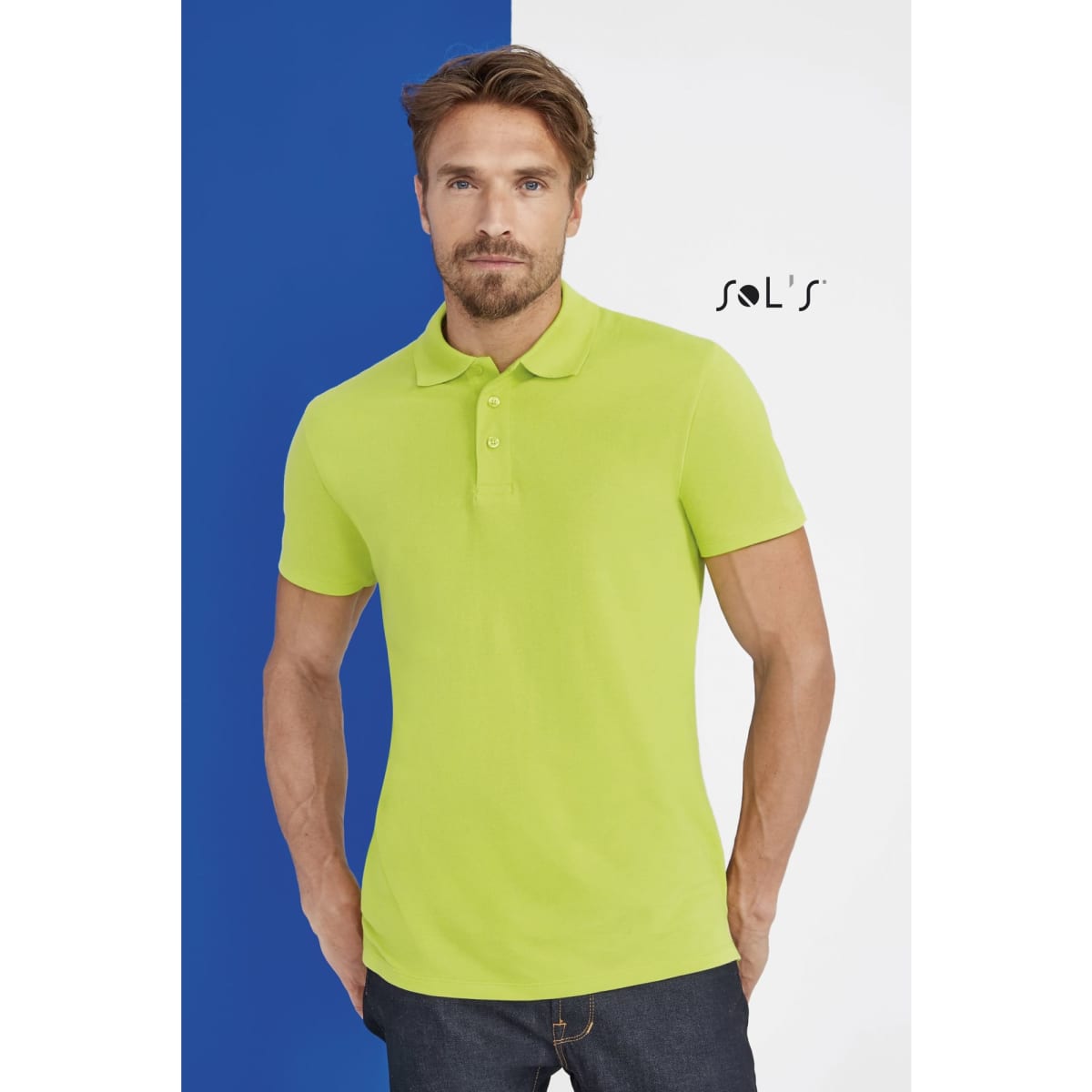 A men's polo shirt in vibrant lime green, made from 100% combed ring-spun cotton, featuring a logo.