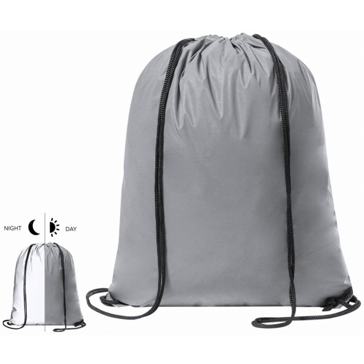 A drawstring backpack in grey featuring a logo, designed with a reflective material for visibility at night.