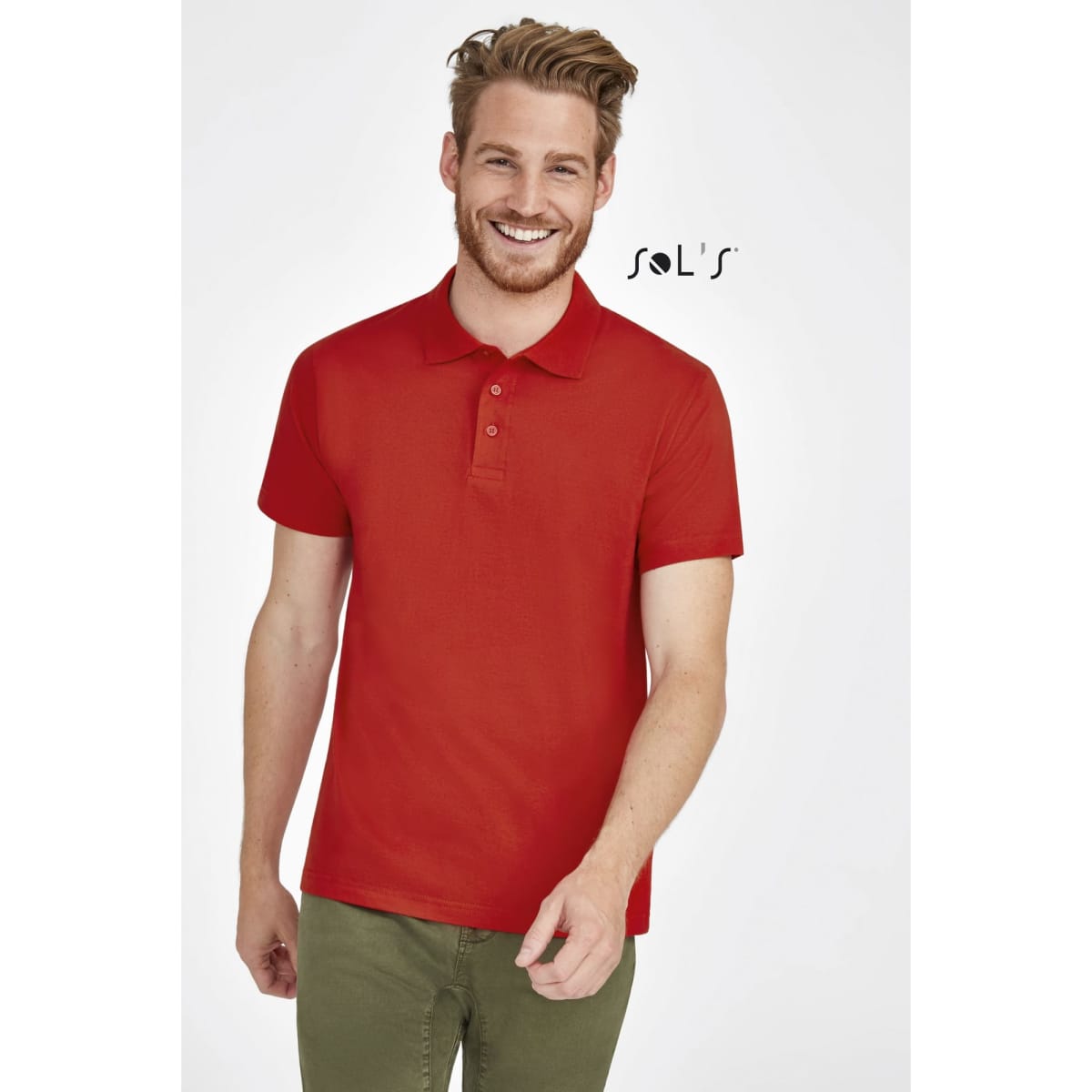 A red polo shirt made from 100% semi combed ring spun cotton, featuring a logo.