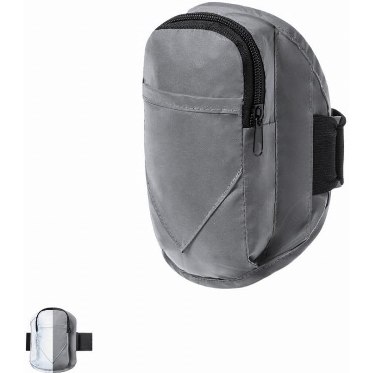 A grey pouch with a zipper and a strap, featuring a compact design and a small logo.