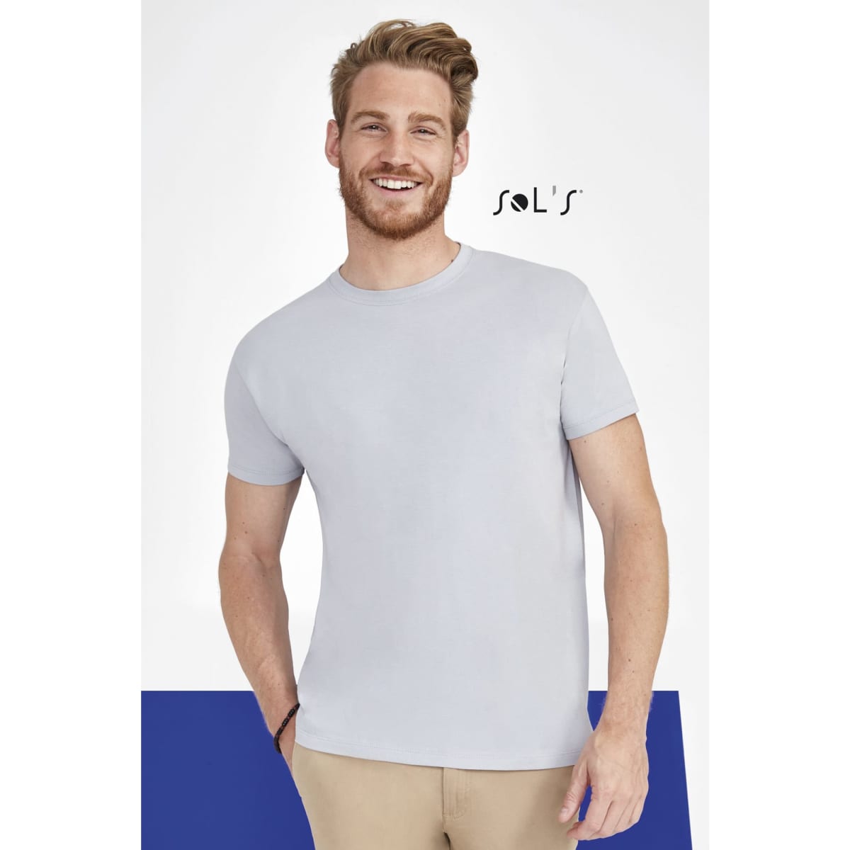 A grey men's t-shirt made from 100% semi-combed ring-spun cotton, featuring a logo.