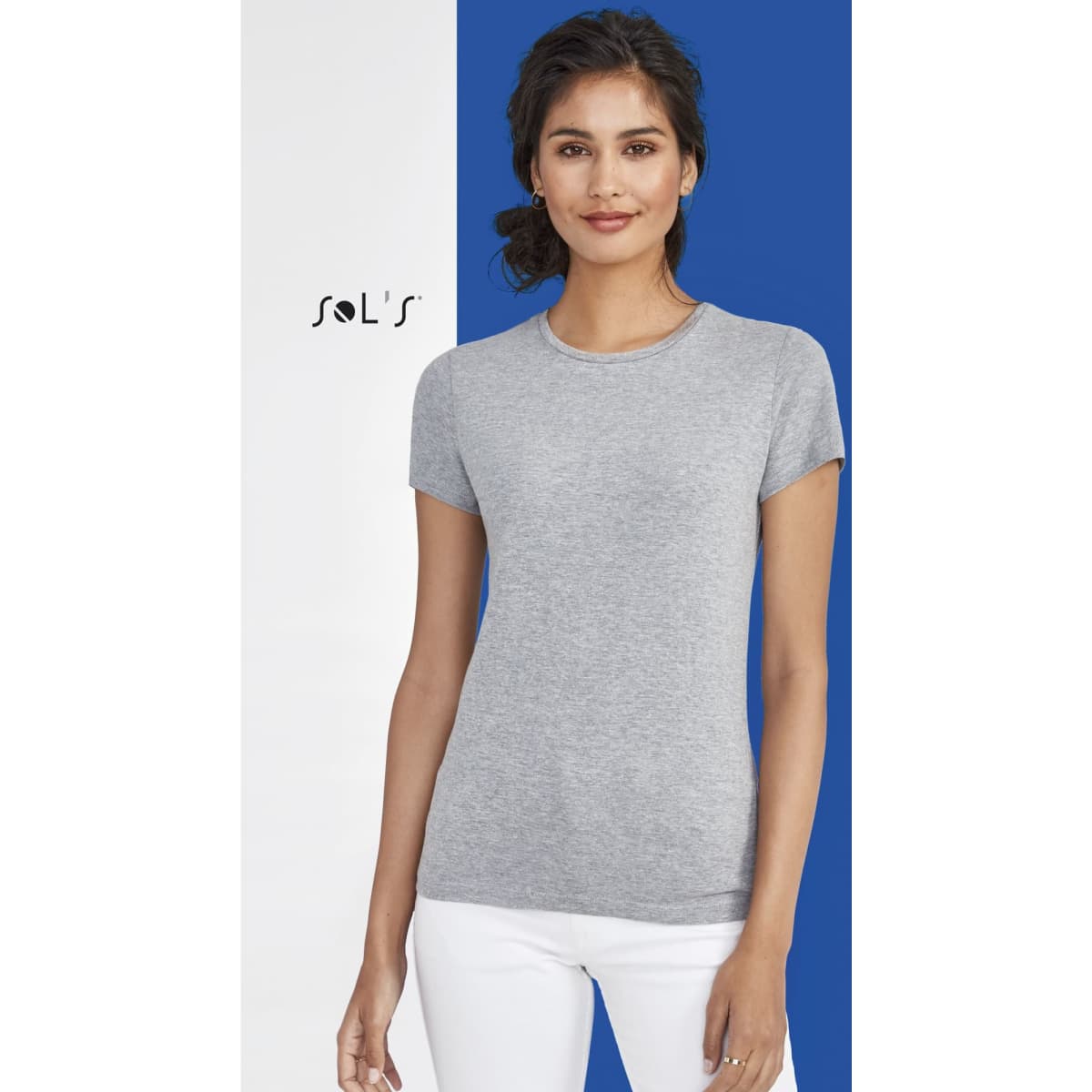 A women's fitted T-shirt in light grey, made from 100% semi-combed ring-spun cotton, with a logo.