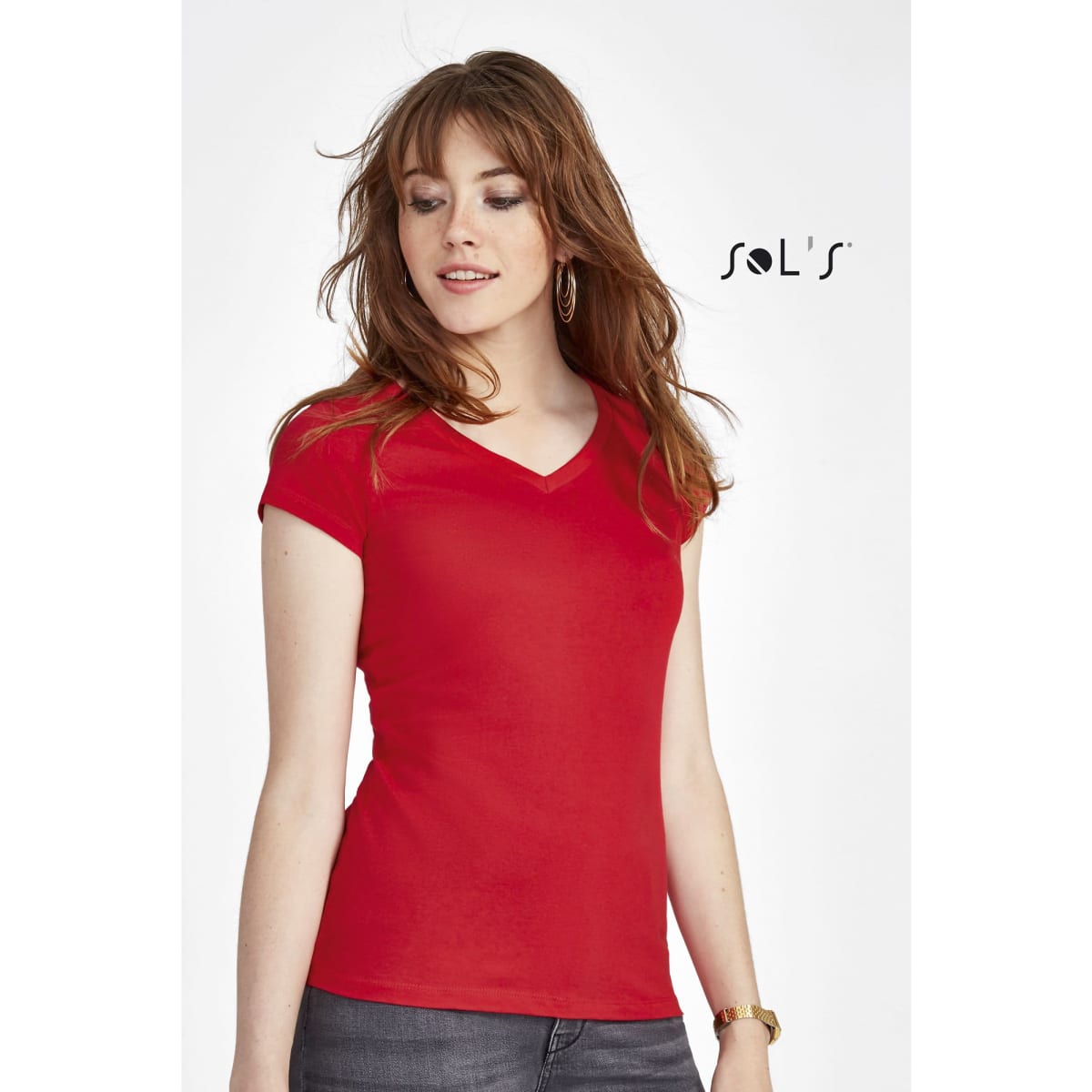 A red women's fitted T-shirt with a deep V-neck design, featuring short sleeves and a logo in the corner.