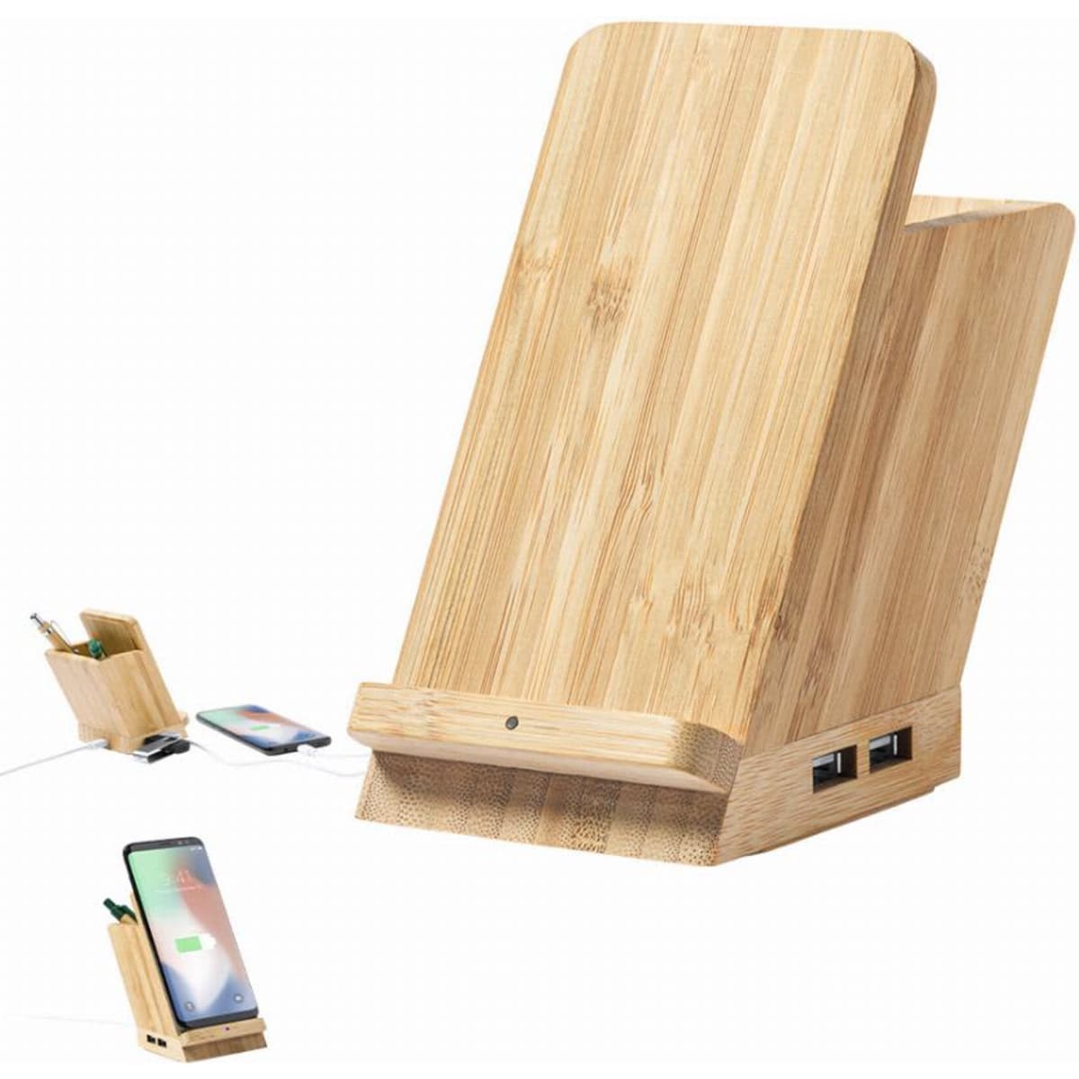A bamboo charging station with multiple USB ports, designed to hold and charge mobile devices.