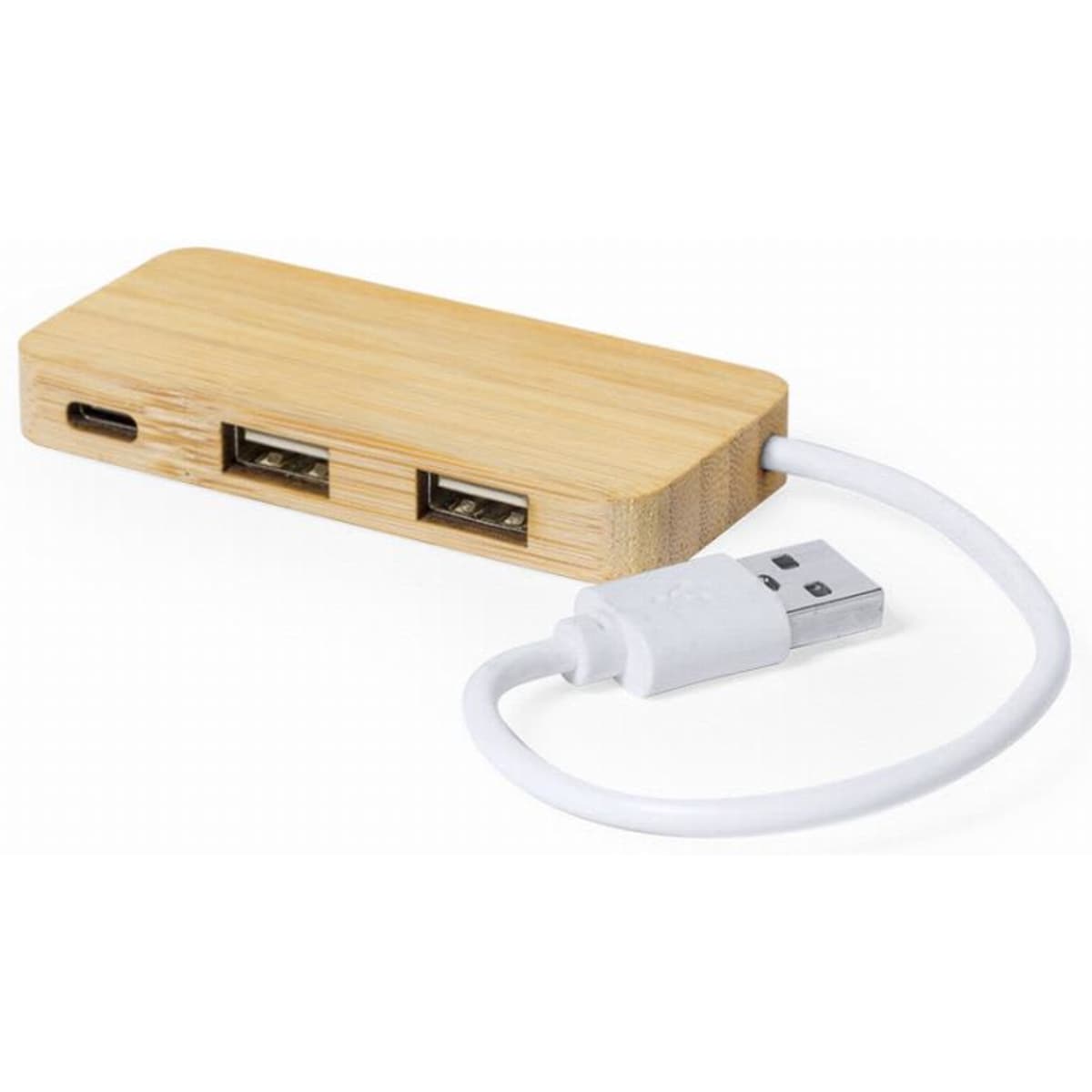 A USB hub with a bamboo casing, featuring two USB ports and a white connecting cable.