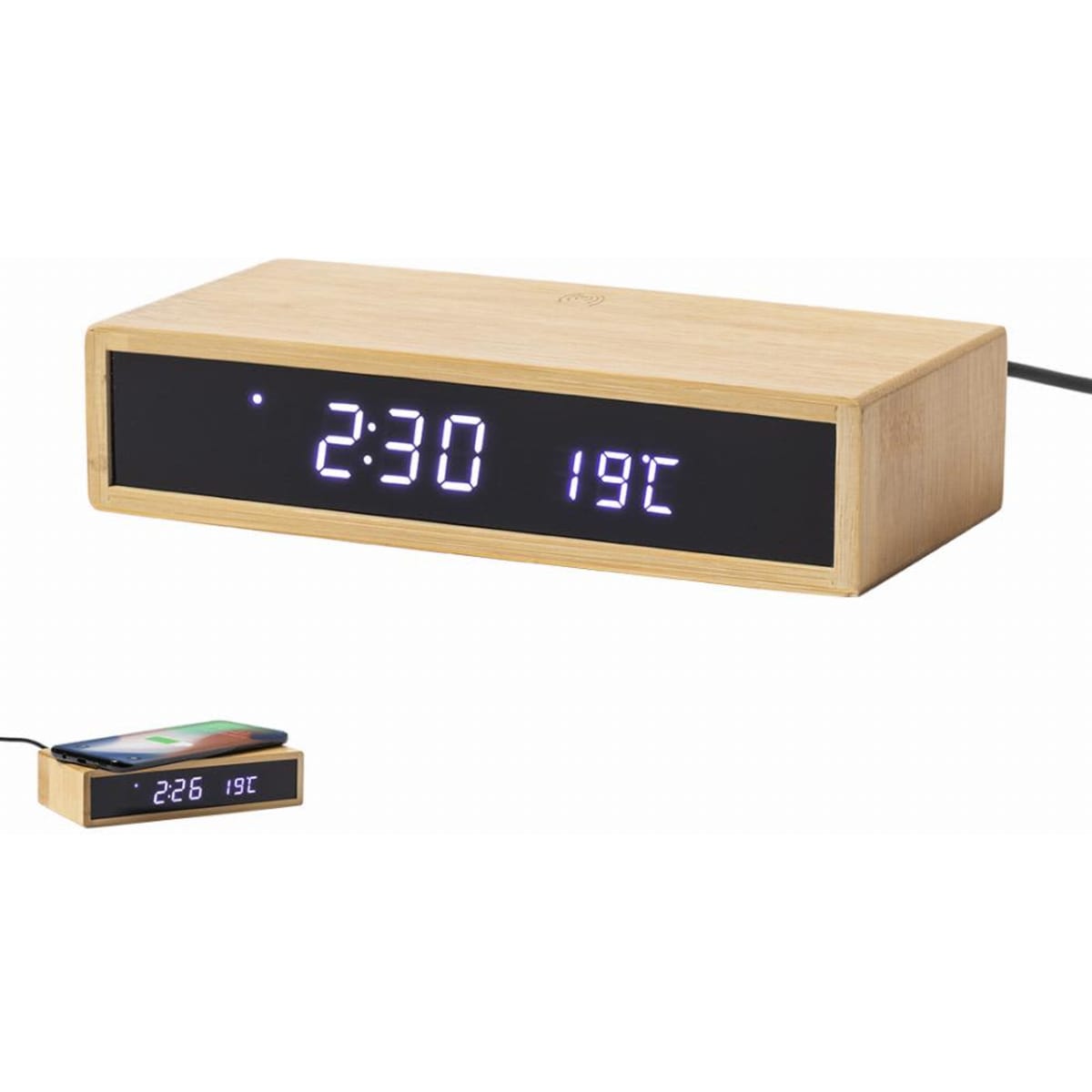 A bamboo clock with a digital display showing time and temperature. It features a sleek, modern design and includes a logo.