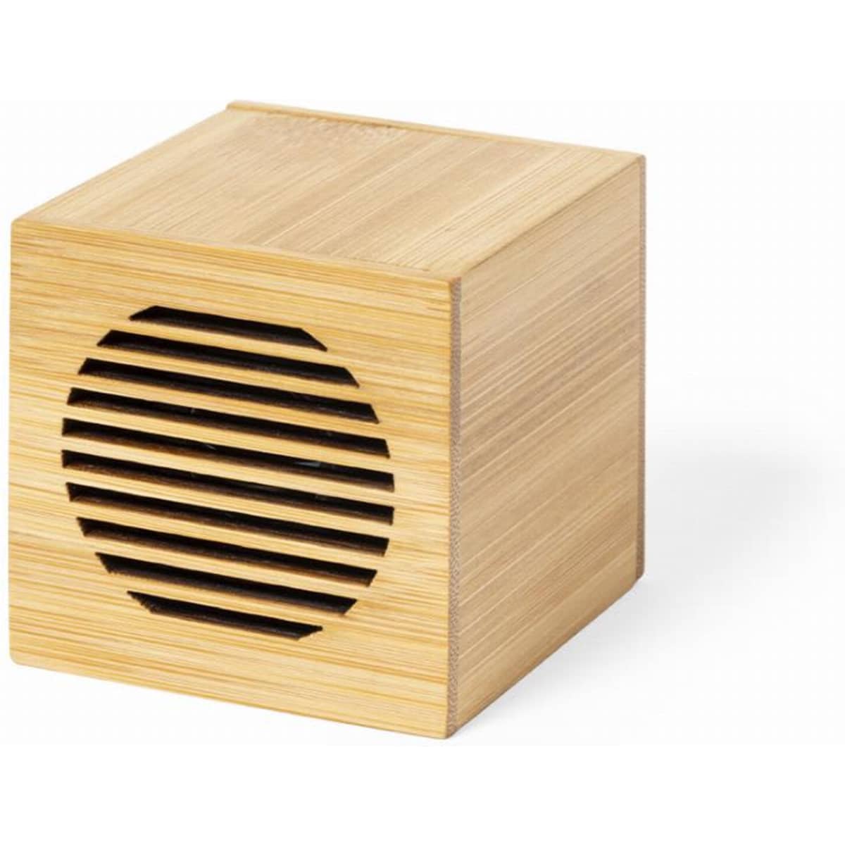 A wooden cube speaker with a slatted front design, featuring a natural bamboo finish.