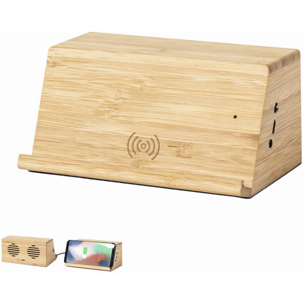 A bamboo phone speaker dock with a wireless charging feature, featuring natural wood finish and a logo.