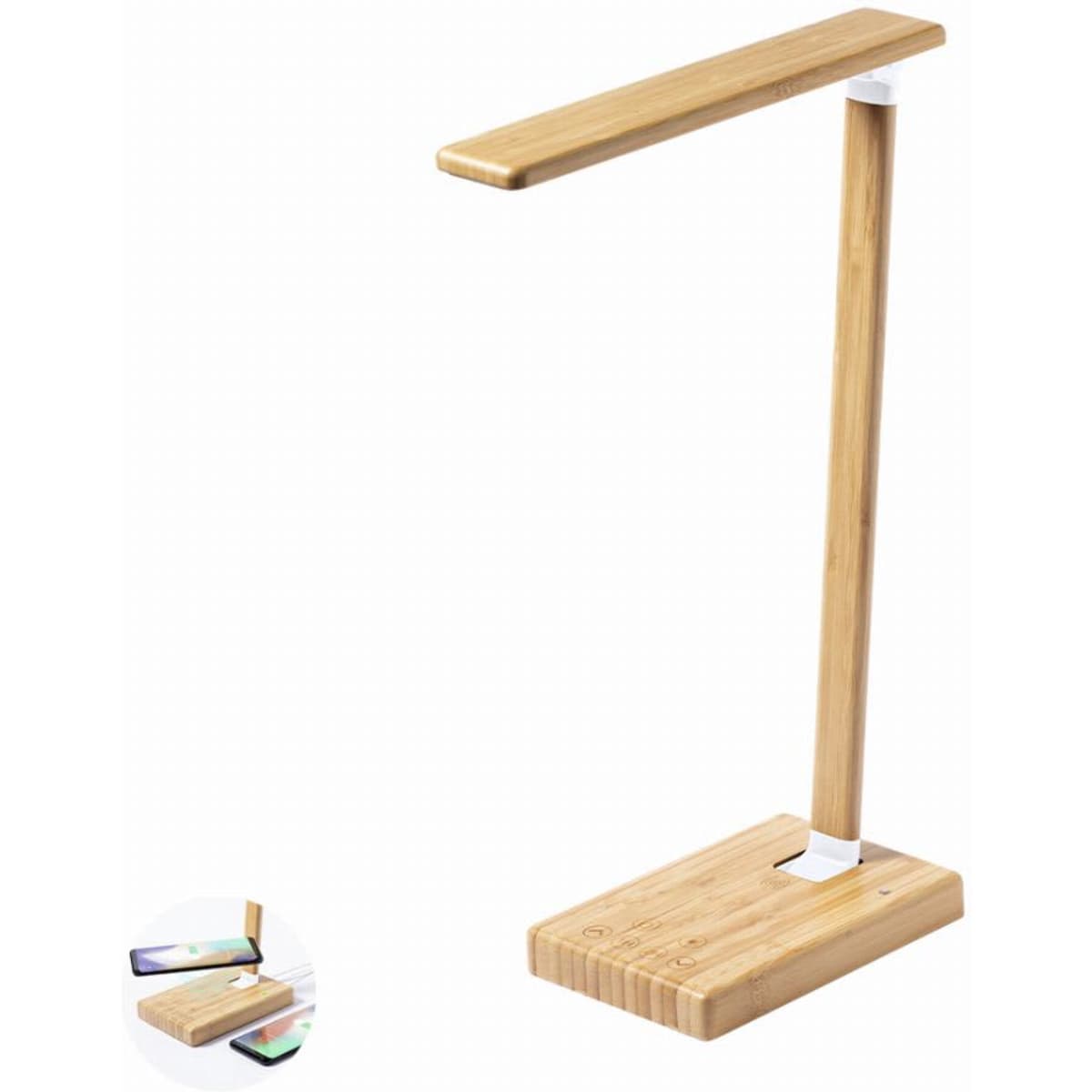 A bamboo desk lamp with a sleek design, featuring a rectangular base and an adjustable arm.