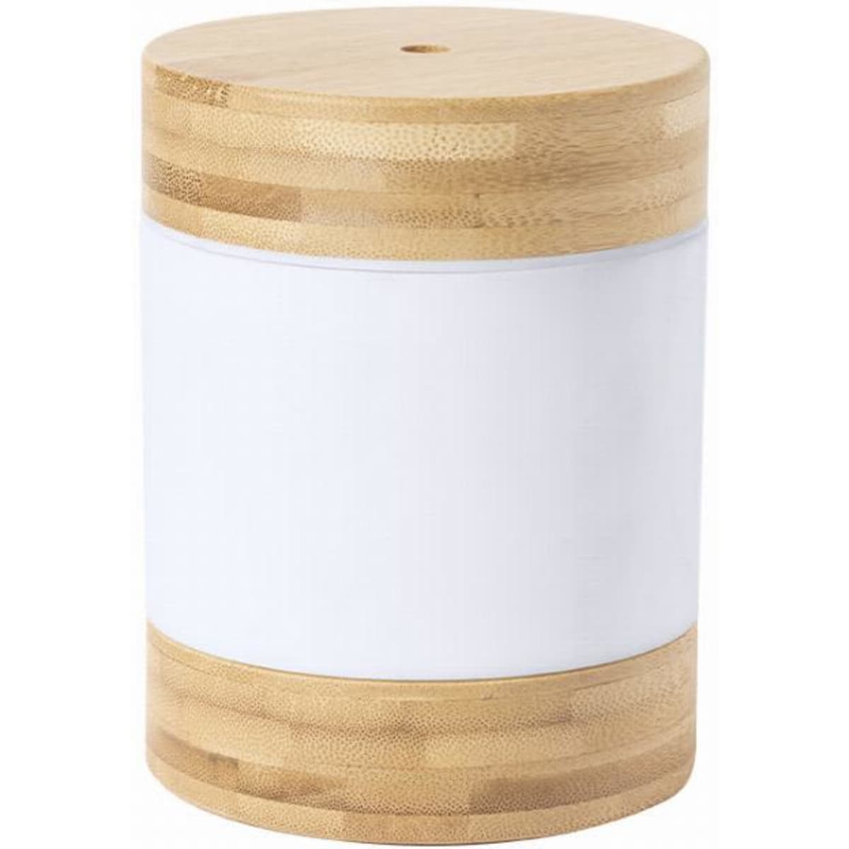 A bamboo and white drink bottle with a cylindrical shape, featuring a bamboo lid and base.