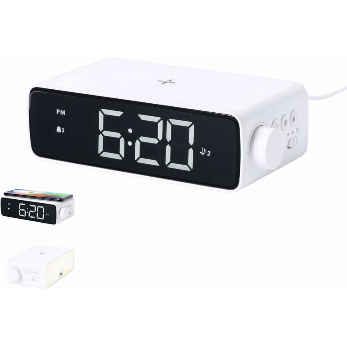 A digital alarm clock with a large LED display, featuring a white casing and buttons on the side.