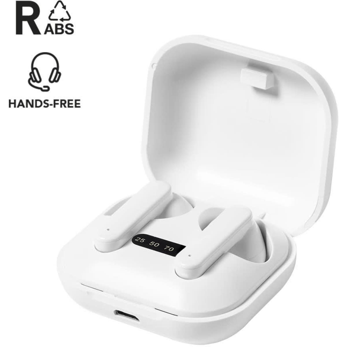 A wireless earbud case in white, featuring two earbuds inside and a small digital display on the front.